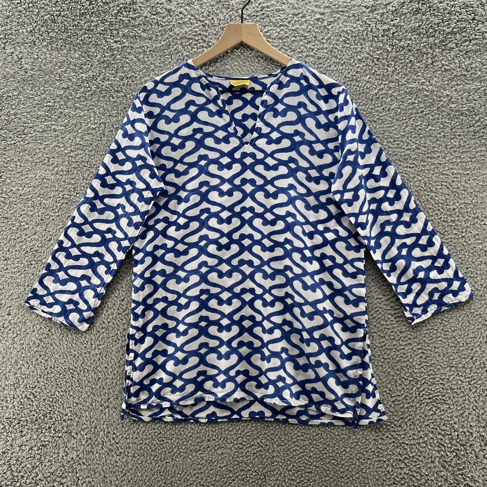 Roberta Roller Rabbit Shirt Womens Blue White Geo Medium Tunic Beaded Boho India